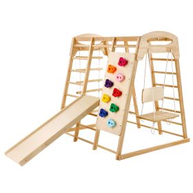 Indoor Jungle Gym, 7-in-1 Toddler Indoor Playground, Wooden Toddler Climbing Toys Indoor with Wood & Rope Ladder, Net Ladder, Swing, Monkey Bar,