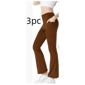 Ladies Mid Waist Abdominal-shaping Slimming Cropped Pants Casual Pocket Bootcut Trousers (Option: Coffee 3PC-M)
