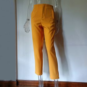 Pleated Casual High Waist Pure Color Slim-fit Basic Pants (Option: Yellow-XL)