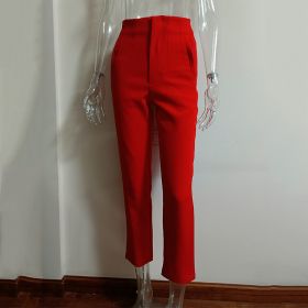 Pleated Casual High Waist Pure Color Slim-fit Basic Pants (Option: Red-XL)