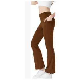 Ladies Mid Waist Abdominal-shaping Slimming Cropped Pants Casual Pocket Bootcut Trousers (Option: Coffee-M)