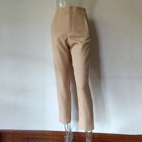Pleated Casual High Waist Pure Color Slim-fit Basic Pants (Option: Camel color-XL)