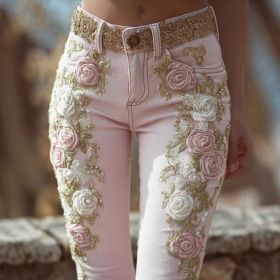 Retro  Embroidery Art Print Casual Pants (Option: Pink-4XL)