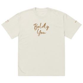 Boldly You Oversized faded t-shirt with Old Gold Embroidery | Oversized T-shirt (Color: Faded Bone, size: S)