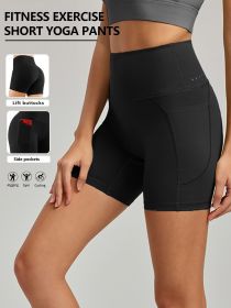 Plus Size Yoga Biker Shorts with Pockets – High Waist, Tummy Control Gym Leggings (Colour: black, size: XL)