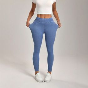 High Waist Slimming Hip Raise Tight Double Pocket Sports Casual Ankle Banded Pants (Option: Light Blue-M)