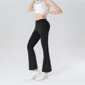 Ladies Mid Waist Abdominal-shaping Slimming Cropped Pants Casual Pocket Bootcut Trousers (Option: Black-M)
