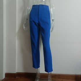 Pleated Casual High Waist Pure Color Slim-fit Basic Pants (Option: Sapphire Blue-M)