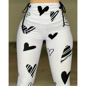 Drawstring Heart Print Yoga Sports Hip-hop Fitness Leggings (Option: White-XL)