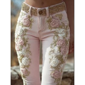 Retro  Embroidery Art Print Casual Pants (Option: Pink-L)