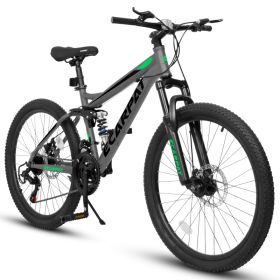 A2460 24 Inch Mountain Bike With Full Suspension, 21 Speed Shifter Lever With Gear Indicator, High Carbon Steel Frame, Mechanical Disc Brakes, Un (Option: Gray)
